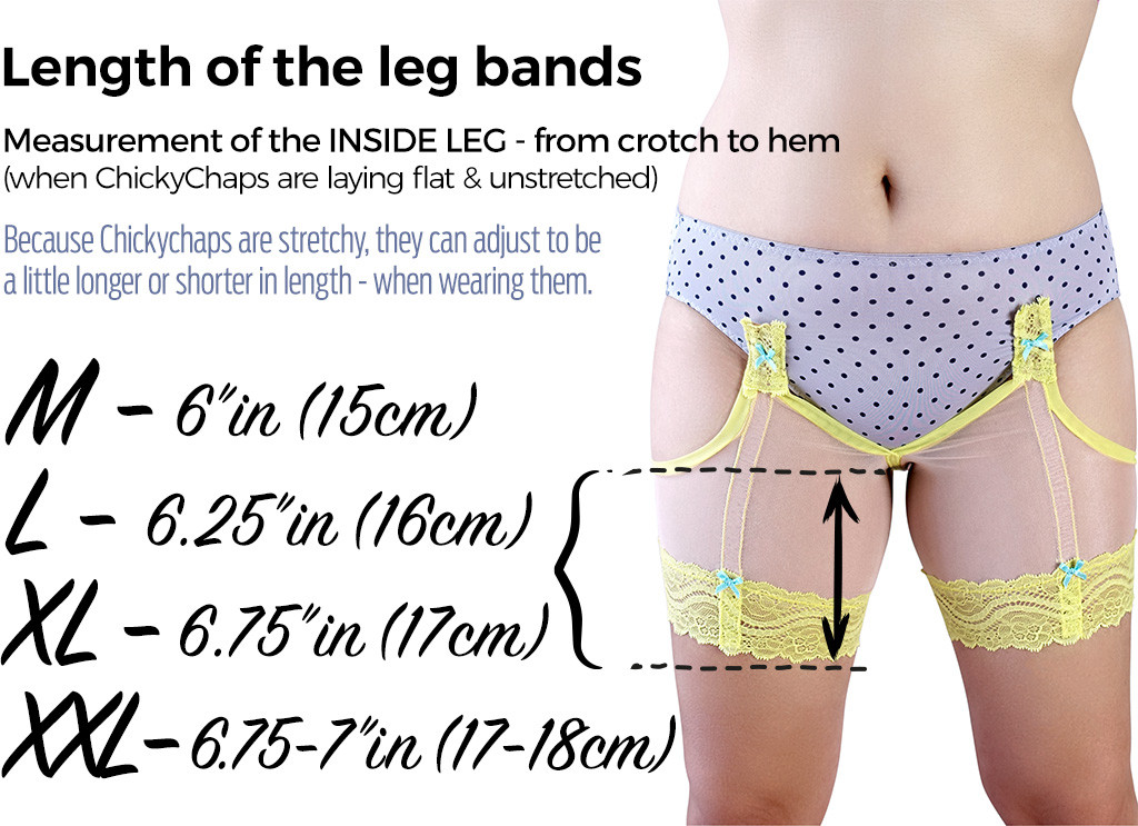 Chickchaps measurements for various sizes. Choose anti thigh chafing bands